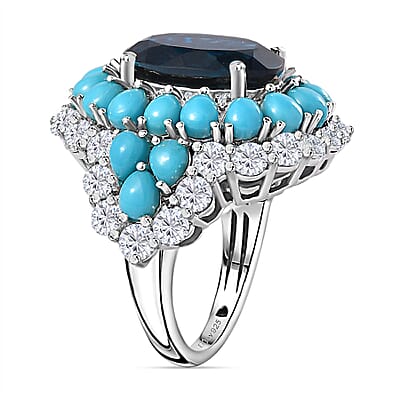 London Blue Topaz and Multi Gemstone Cocktail Ring in Platinum Over Sterling Silver (Size 10.0) 13.50 ctw