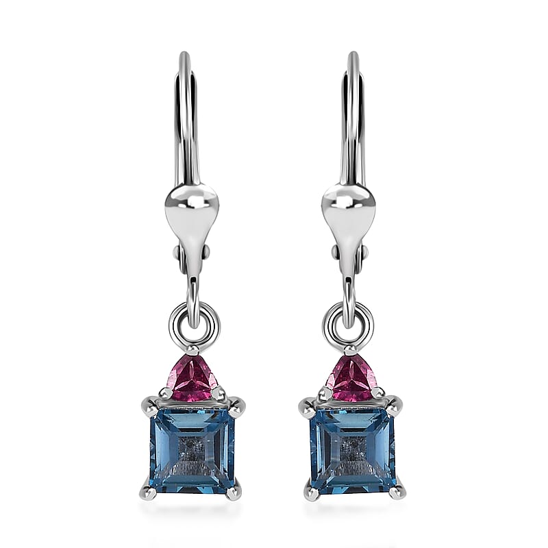 London Blue Topaz and Orissa Rhodolite Garnet Lever Back Earrings in Platinum Over Sterling Silver 1.85 ctw