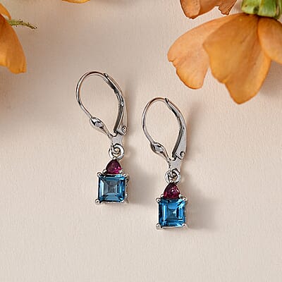London Blue Topaz and Orissa Rhodolite Garnet Lever Back Earrings in Platinum Over Sterling Silver 1.85 ctw