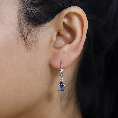 London Blue Topaz and Orissa Rhodolite Garnet Lever Back Earrings in Platinum Over Sterling Silver 1.85 ctw