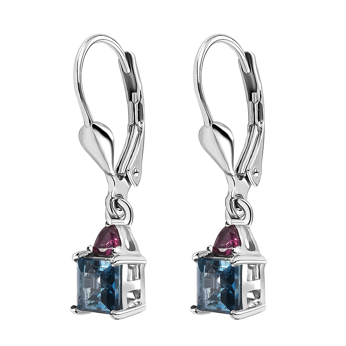 London Blue Topaz and Orissa Rhodolite Garnet Lever Back Earrings in Platinum Over Sterling Silver 1.85 ctw