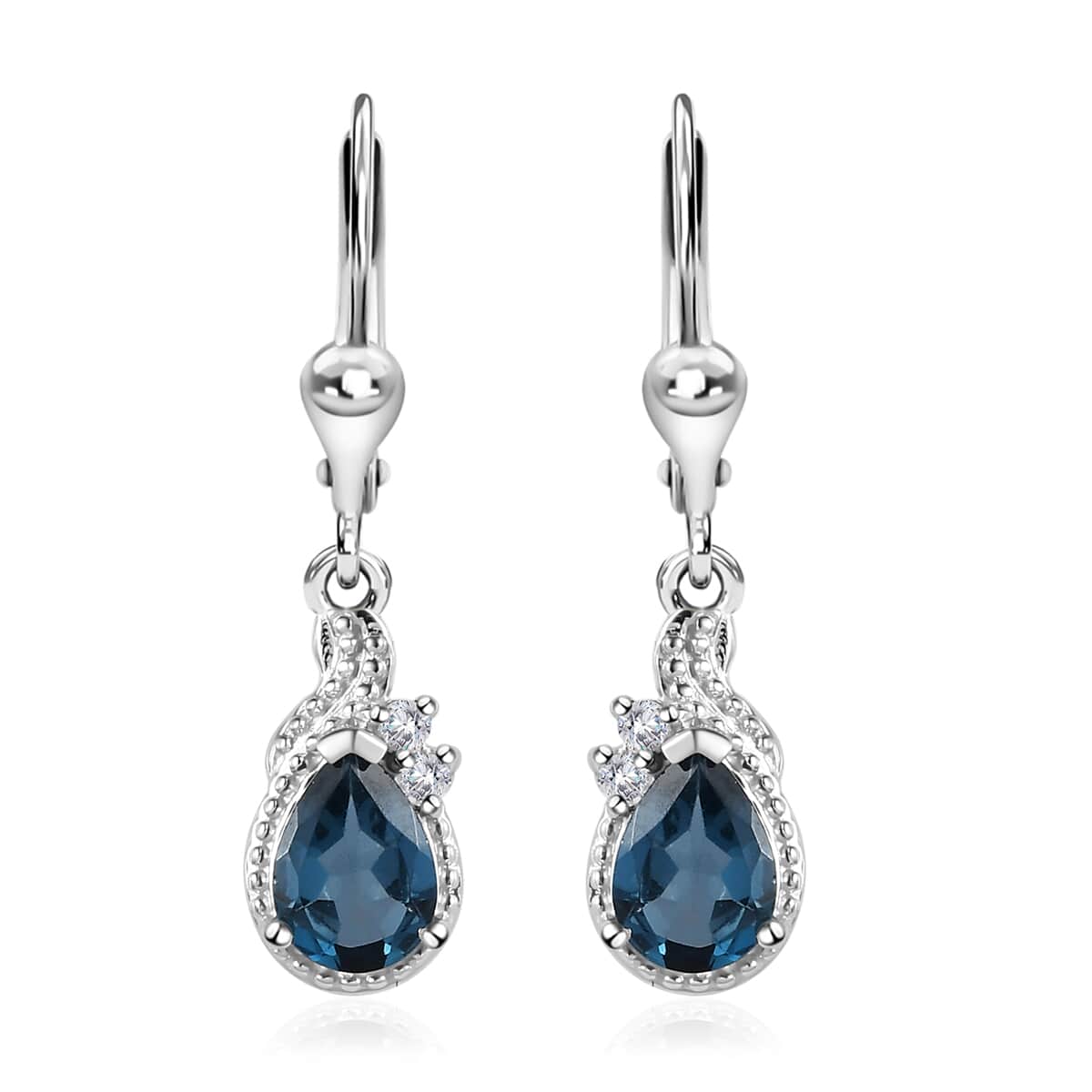 London Blue Topaz and White Zircon Lever Back Earrings in Platinum Over Sterling Silver 1.75 ctw image number 0