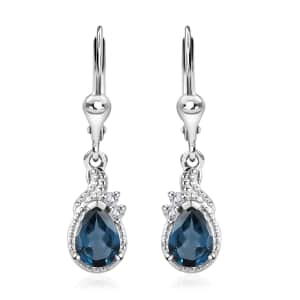 London Blue Topaz and White Zircon Lever Back Earrings in Platinum Over Sterling Silver 1.75 ctw