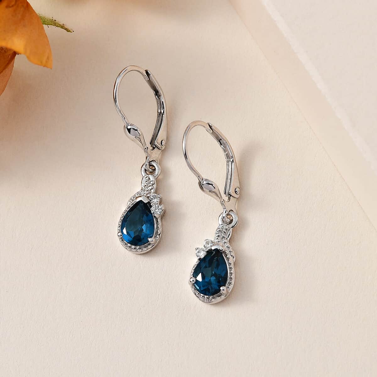 London Blue Topaz and White Zircon Lever Back Earrings in Platinum Over Sterling Silver 1.75 ctw image number 1