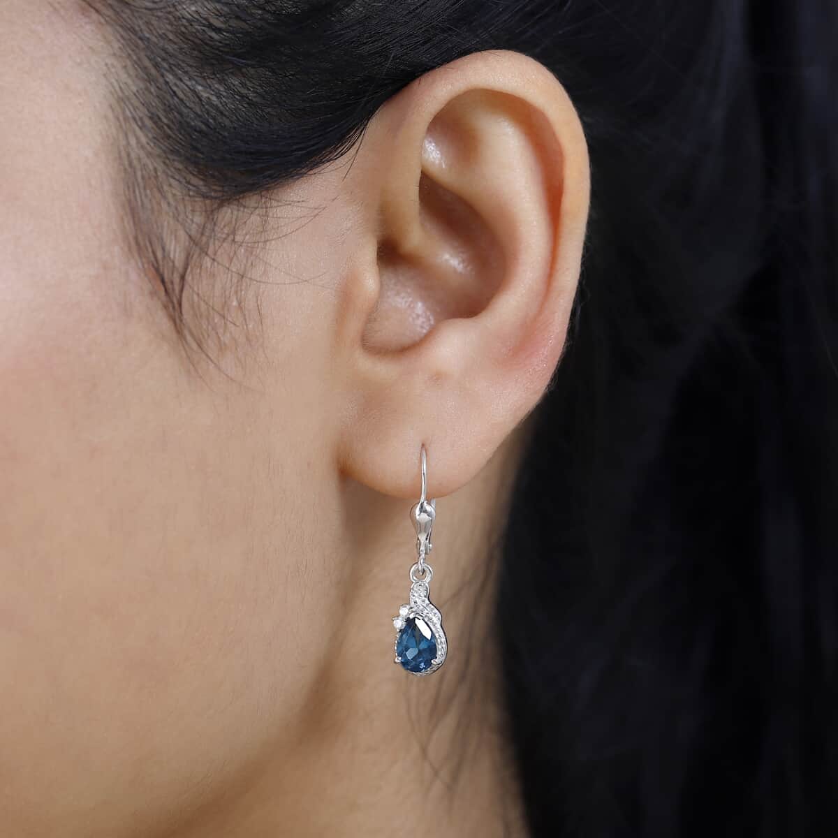 London Blue Topaz and White Zircon Lever Back Earrings in Platinum Over Sterling Silver 1.75 ctw image number 2