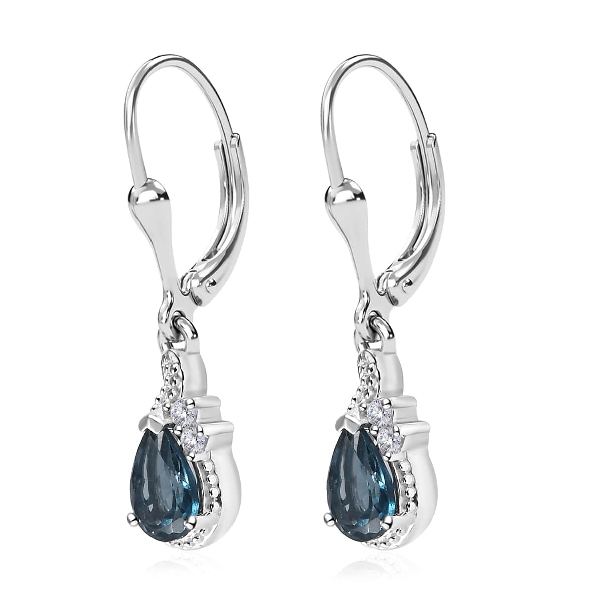 London Blue Topaz and White Zircon Lever Back Earrings in Platinum Over Sterling Silver 1.75 ctw image number 3
