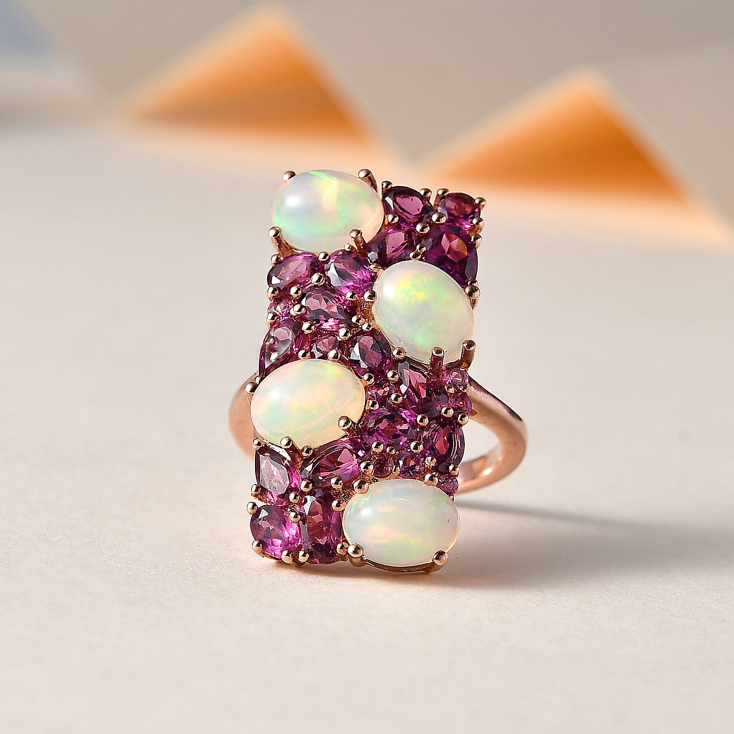 Ethiopian Welo Opal and Orissa Rhodolite Garnet Ring in Vermeil Rose Gold Over Sterling Silver (Size 10.0) 7.50 ctw