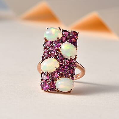 Ethiopian Welo Opal and Orissa Rhodolite Garnet Ring in Vermeil Rose Gold Over Sterling Silver (Size 10.0) 7.50 ctw