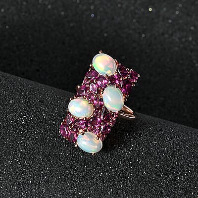 Ethiopian Welo Opal and Orissa Rhodolite Garnet Ring in Vermeil Rose Gold Over Sterling Silver (Size 10.0) 7.50 ctw