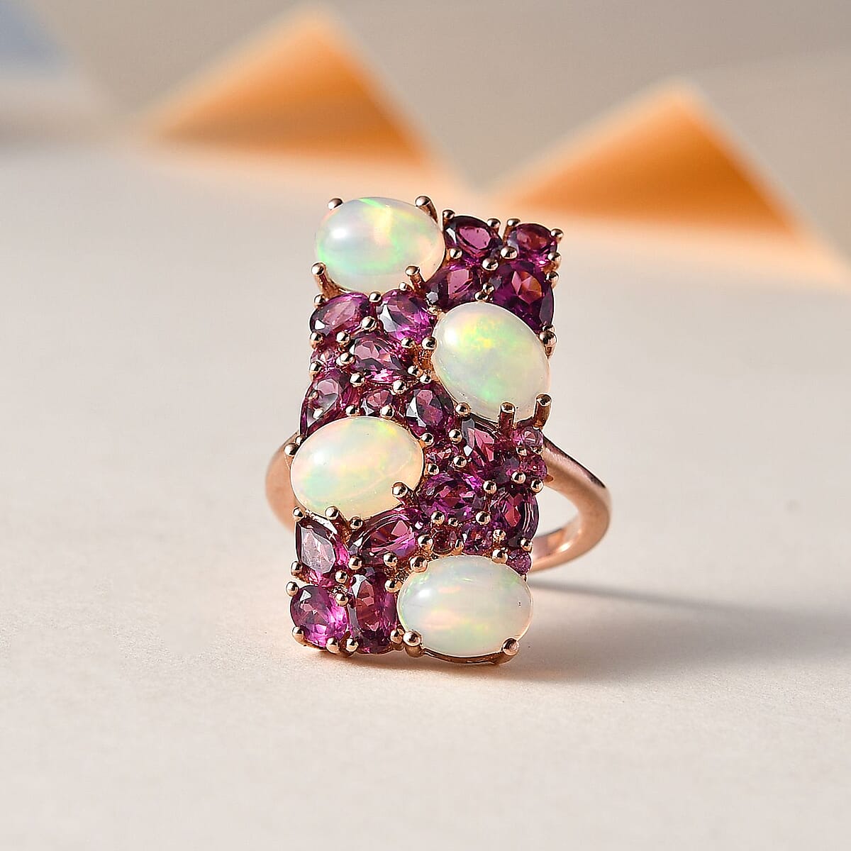 Premium Ethiopian Welo Opal and Orissa Rhodolite Garnet Ring in Vermeil Rose Gold Over Sterling Silver 7.50 ctw image number 1