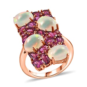 Ethiopian Welo Opal and Orissa Rhodolite Garnet Ring in Vermeil Rose Gold Over Sterling Silver (Size 6.0) 7.50 ctw
