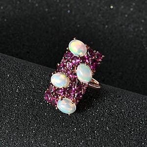 Ethiopian Welo Opal and Orissa Rhodolite Garnet Ring in Vermeil Rose Gold Over Sterling Silver (Size 6.0) 7.50 ctw