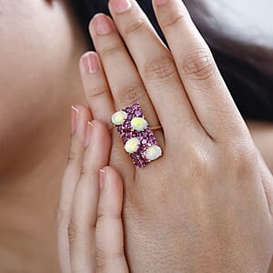 Ethiopian Welo Opal and Orissa Rhodolite Garnet Ring in Vermeil Rose Gold Over Sterling Silver (Size 6.0) 7.50 ctw