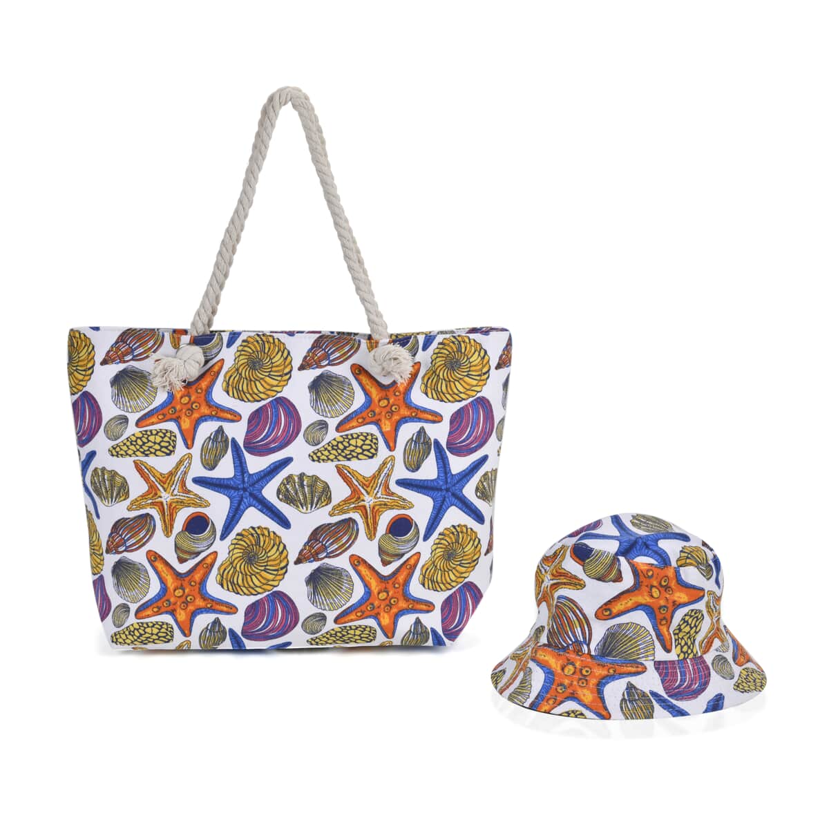 Seashell Pattern Beach Tote Bag and Hat Set image number 0