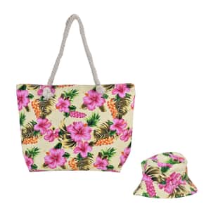 Pineapple and Flower Pattern Beach Tote Bag and Hat Set