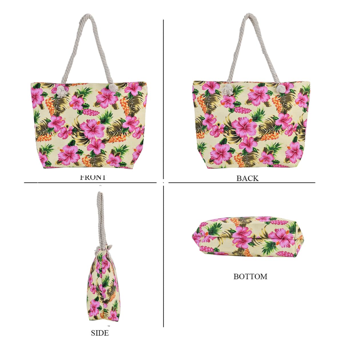 Pineapple and Flower Pattern Beach Tote Bag and Hat Set image number 1