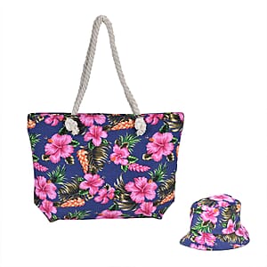 Navy Flower Pattern Beach Tote Bag and Hat Set