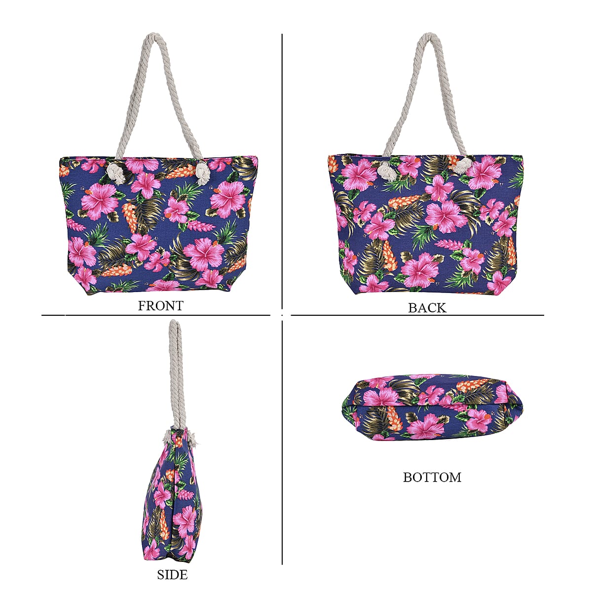 Navy Flower Pattern Beach Tote Bag and Hat Set image number 1