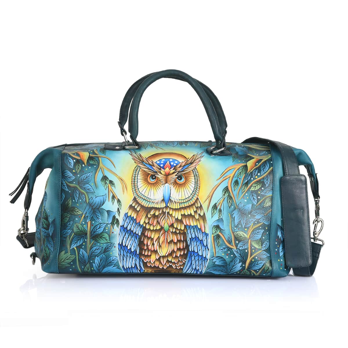 Sukriti Teal Blue Owl Hand Painted Genuine Leather Duffle Bag  image number 0