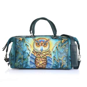 Sukriti Teal Blue Owl Hand Painted Genuine Leather Duffle Bag 