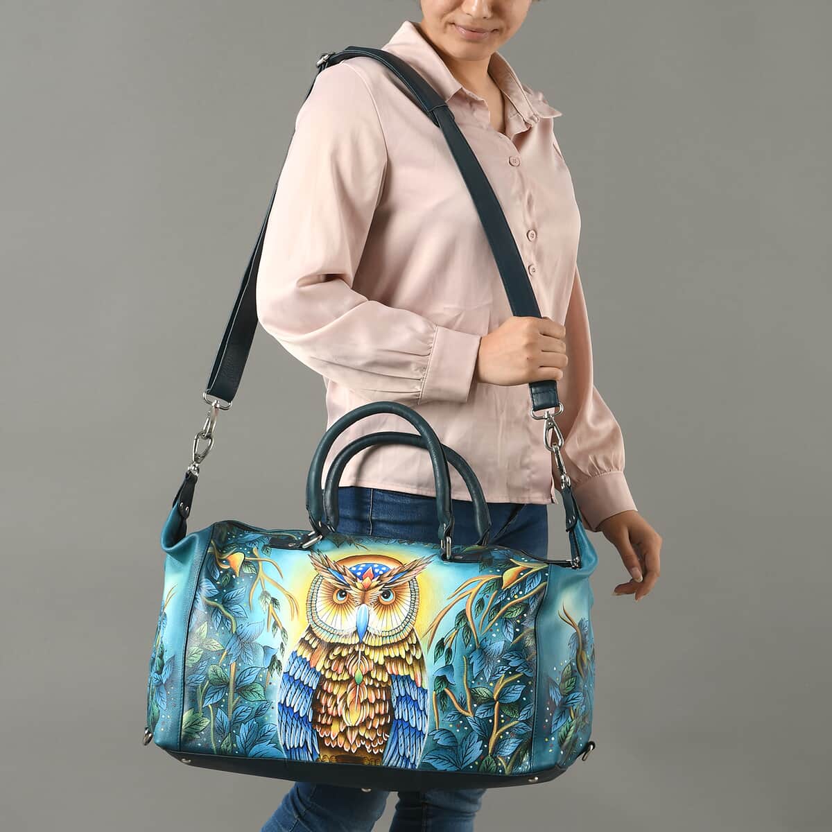 Sukriti Teal Blue Owl Hand Painted Genuine Leather Duffle Bag  image number 1