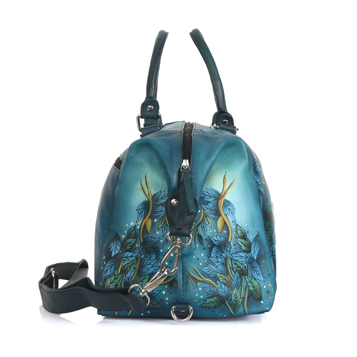 Sukriti Teal Blue Owl Hand Painted Genuine Leather Duffle Bag  image number 4