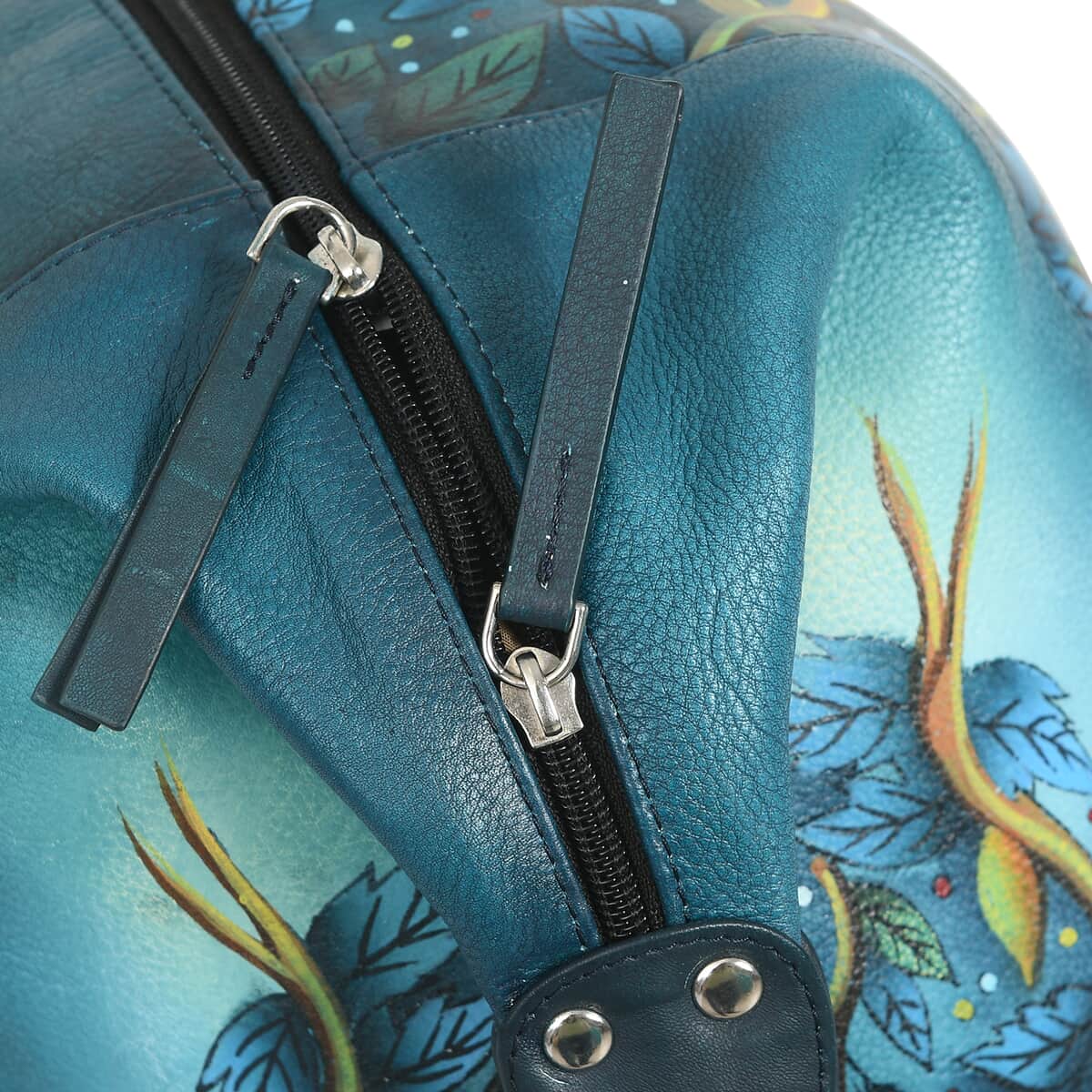 Sukriti Teal Blue Owl Hand Painted Genuine Leather Duffle Bag  image number 7