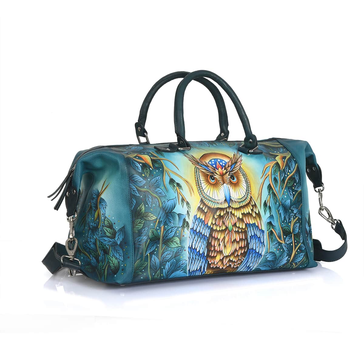 Sukriti Teal Blue Owl Hand Painted Genuine Leather Duffle Bag  image number 9