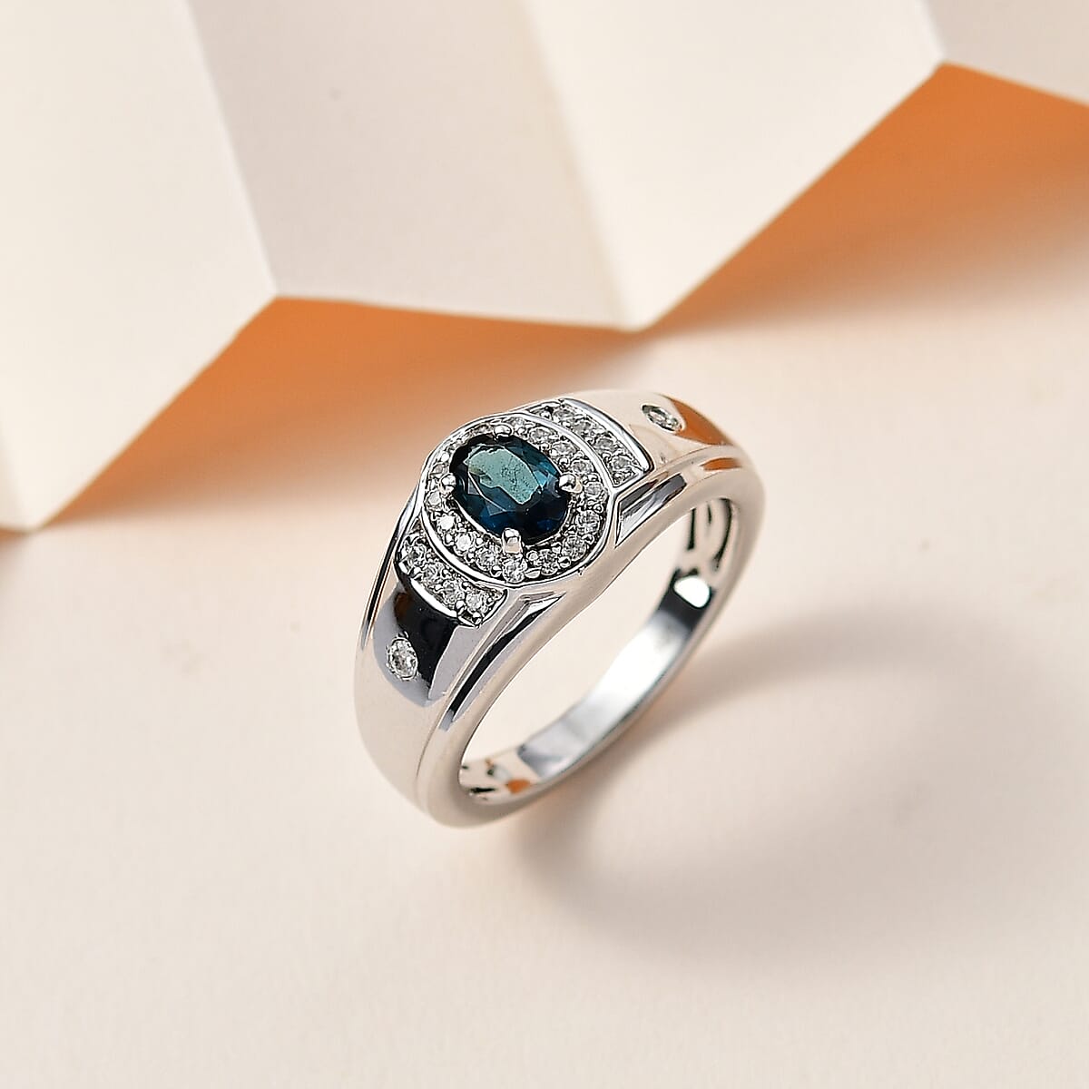 AAA Monte Belo Indicolite and White Zircon Men's Ring in Platinum Over Sterling Silver (Size 10.0) 0.90 ctw image number 1