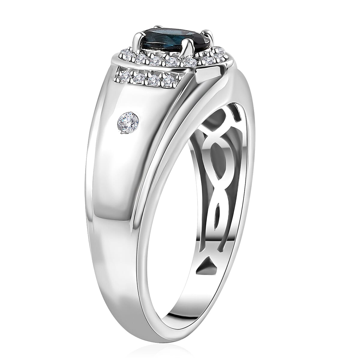 AAA Monte Belo Indicolite and White Zircon Men's Ring in Platinum Over Sterling Silver (Size 10.0) 0.90 ctw image number 3