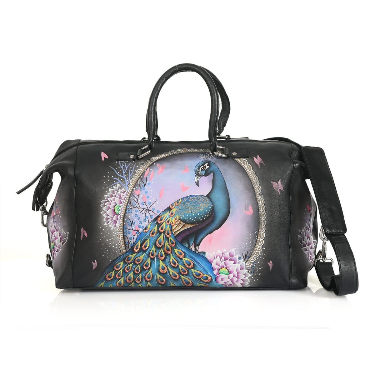 Sukriti Black Peacock Hand Painted Genuine Leather Duffle Bag  image number 0