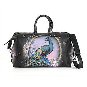 Sukriti Black Peacock Hand Painted Genuine Leather Duffle Bag 