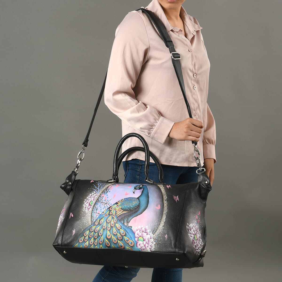 Sukriti Black Peacock Hand Painted Genuine Leather Duffle Bag  image number 1