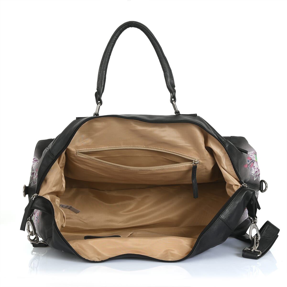 Sukriti Black Peacock Hand Painted Genuine Leather Duffle Bag  image number 3