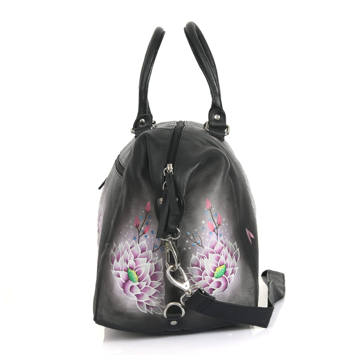 Sukriti Black Peacock Hand Painted Genuine Leather Duffle Bag  image number 4