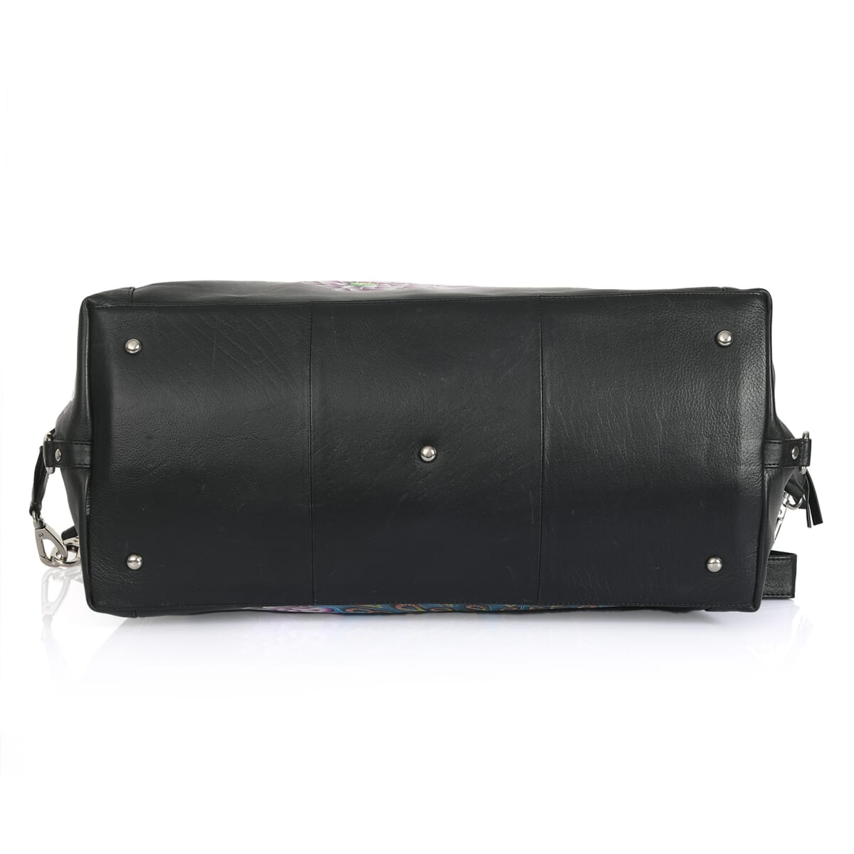 Sukriti Black Peacock Hand Painted Genuine Leather Duffle Bag  image number 6