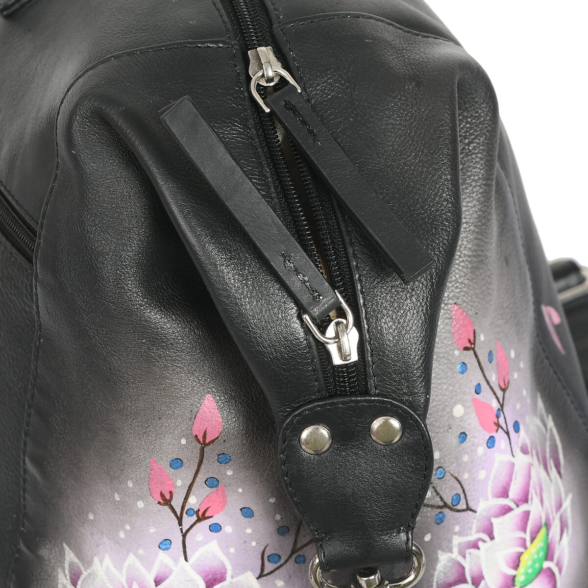 Sukriti Black Peacock Hand Painted Genuine Leather Duffle Bag  image number 7