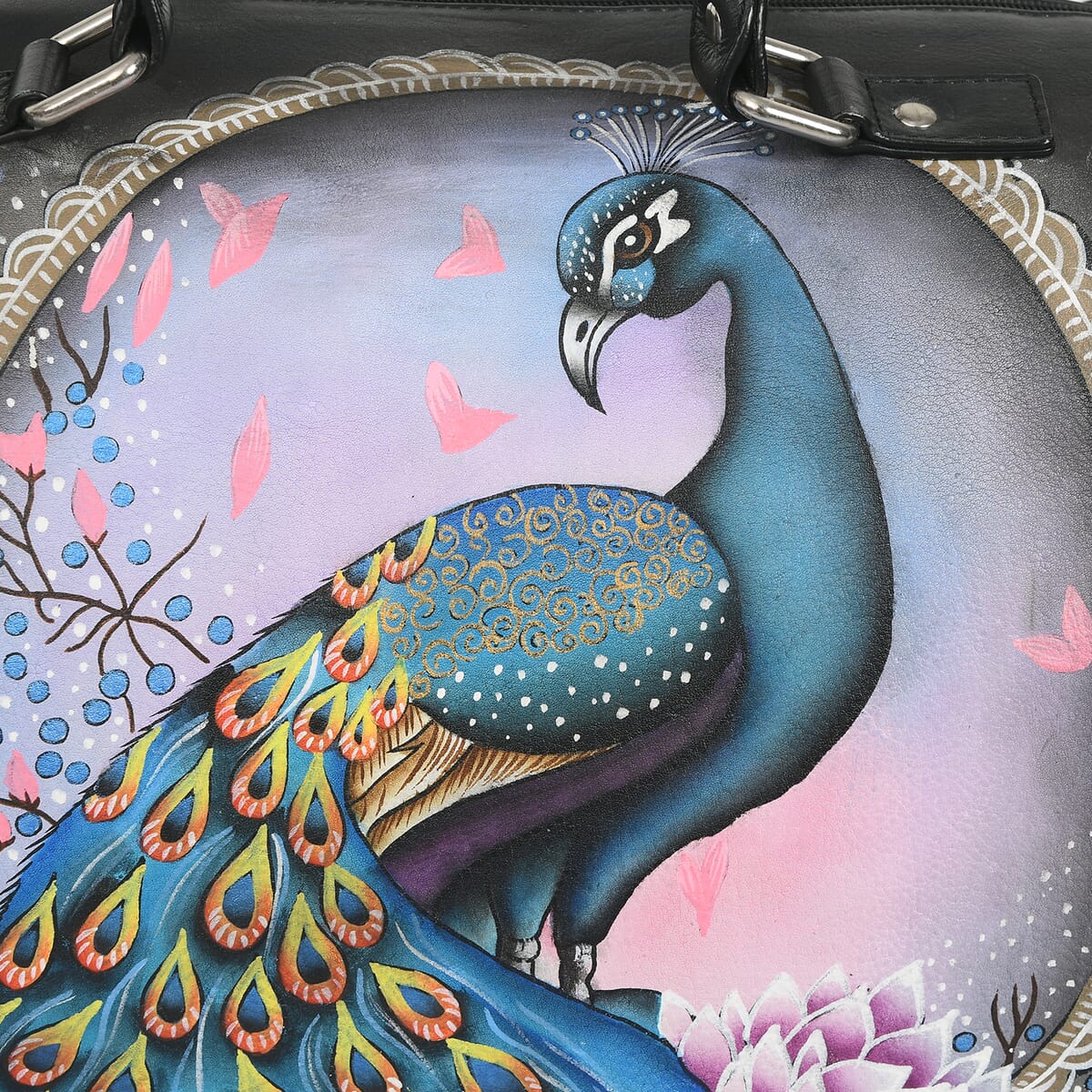 Sukriti Black Peacock Hand Painted Genuine Leather Duffle Bag  image number 8