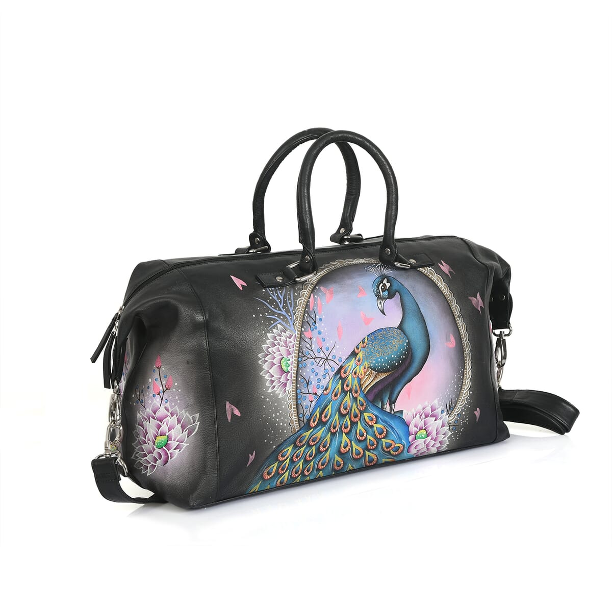 Sukriti Black Peacock Hand Painted Genuine Leather Duffle Bag  image number 9