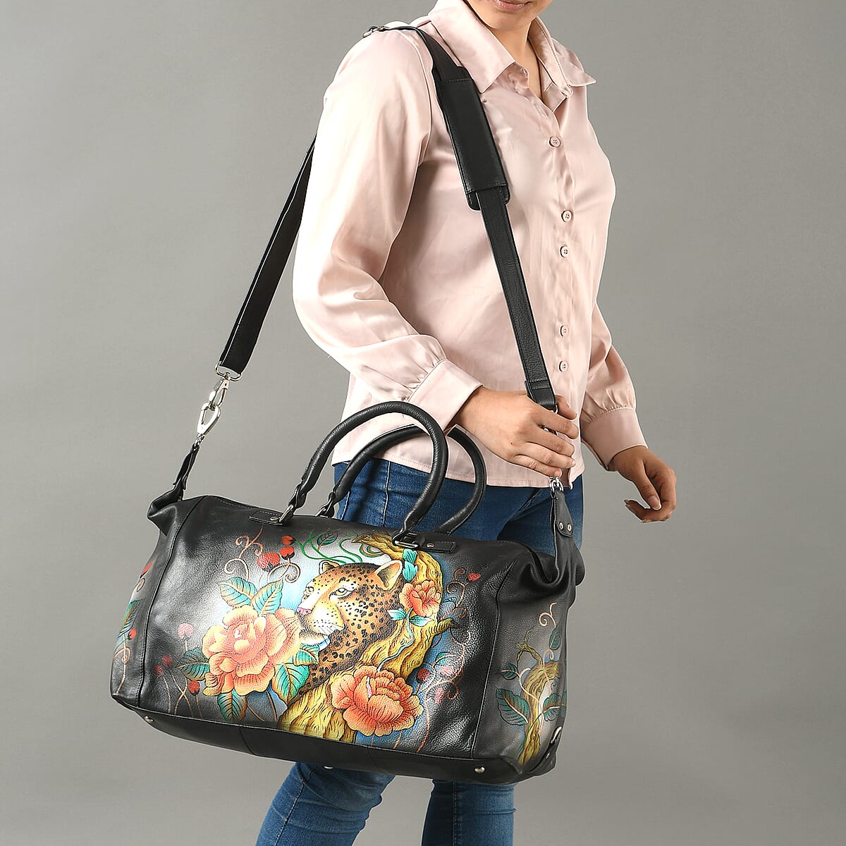 Sukriti Multi Color Floral and Leopard Hand Painted Genuine Leather Duffle Bag  image number 1