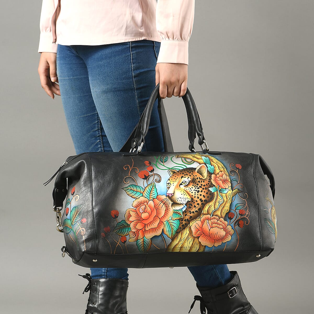 Sukriti Multi Color Floral and Leopard Hand Painted Genuine Leather Duffle Bag  image number 2