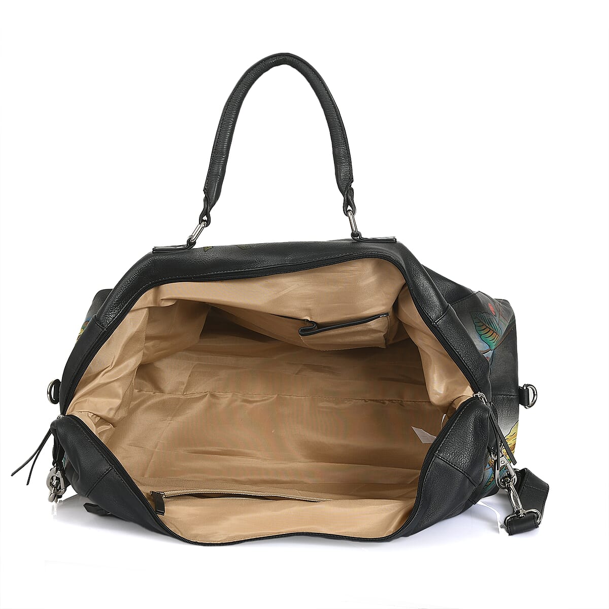 Sukriti Multi Color Floral and Leopard Hand Painted Genuine Leather Duffle Bag  image number 3