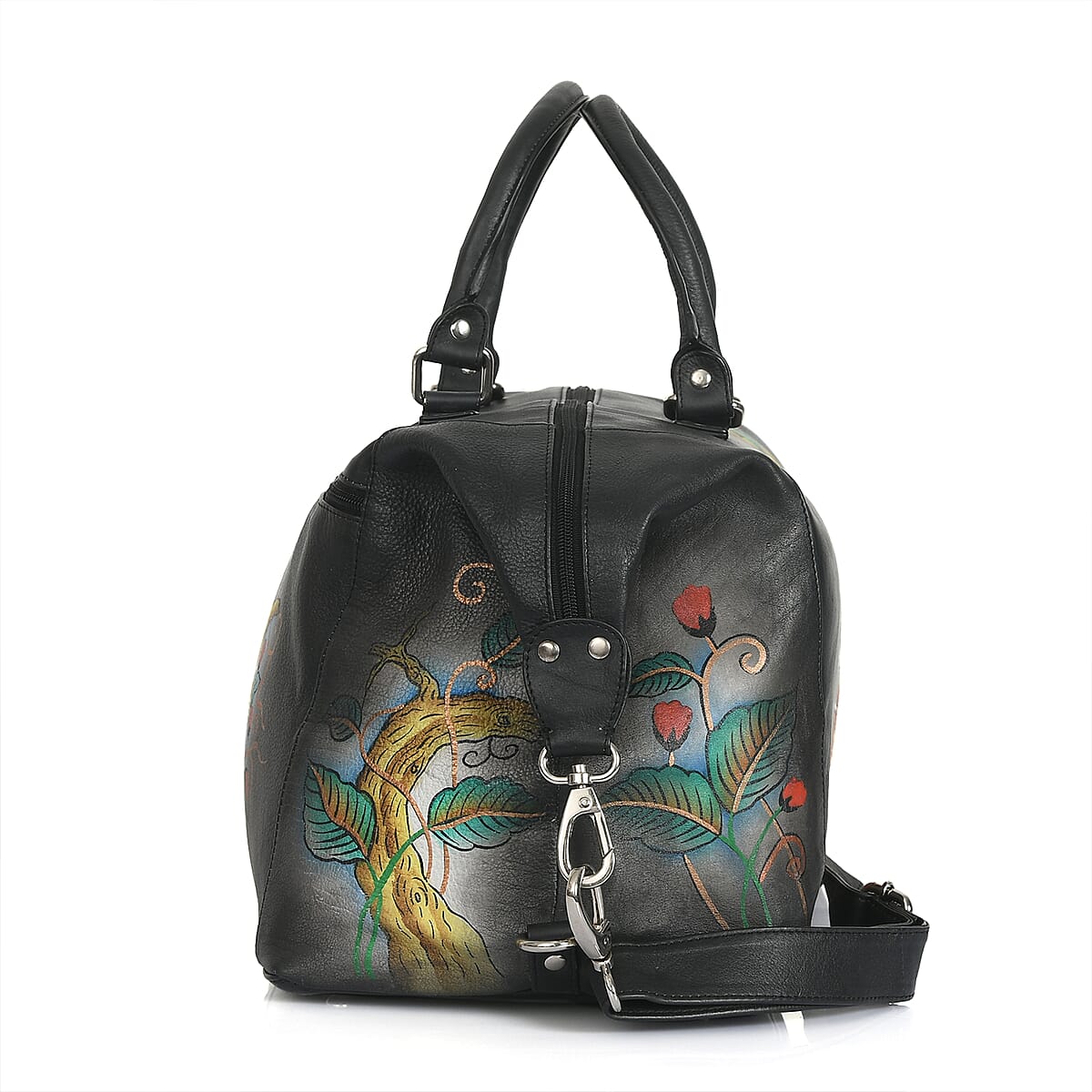 Sukriti Multi Color Floral and Leopard Hand Painted Genuine Leather Duffle Bag  image number 4