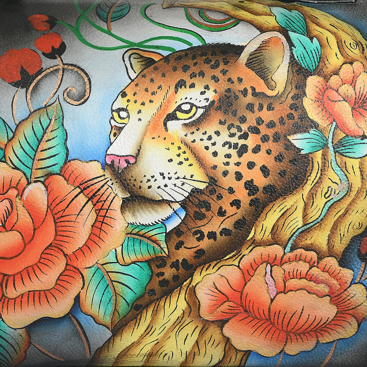 Sukriti Multi Color Floral and Leopard Hand Painted Genuine Leather Duffle Bag  image number 8