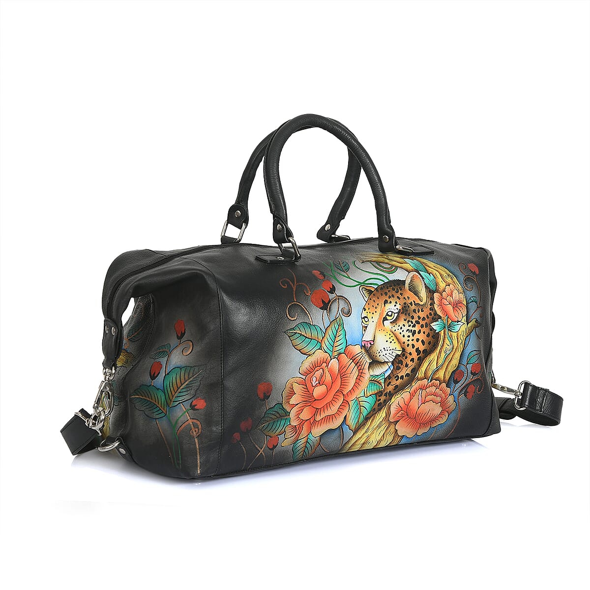 Sukriti Multi Color Floral and Leopard Hand Painted Genuine Leather Duffle Bag  image number 9