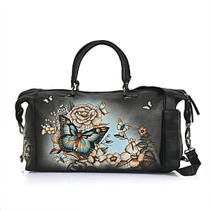 Sukriti Black & Green Butterfly and Floral Hand Painted Genuine Leather Duffle Bag 