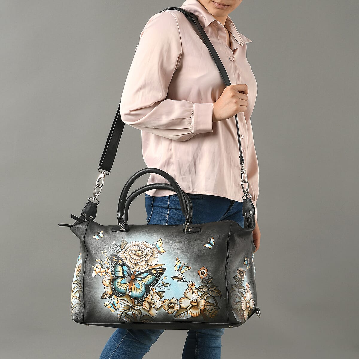Sukriti Black & Green Butterfly and Floral Hand Painted Genuine Leather Duffle Bag  image number 1