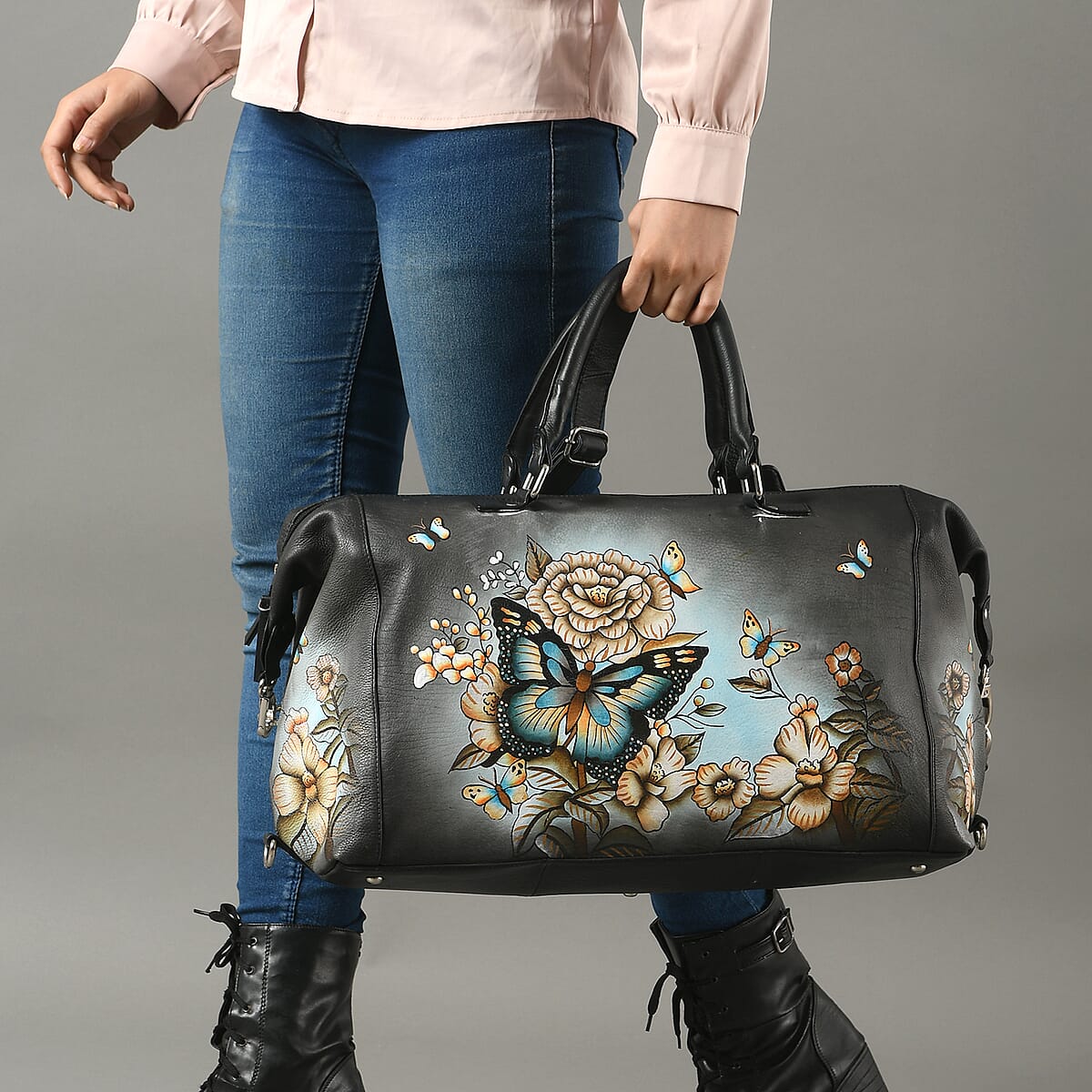 Sukriti Black & Green Butterfly and Floral Hand Painted Genuine Leather Duffle Bag  image number 2