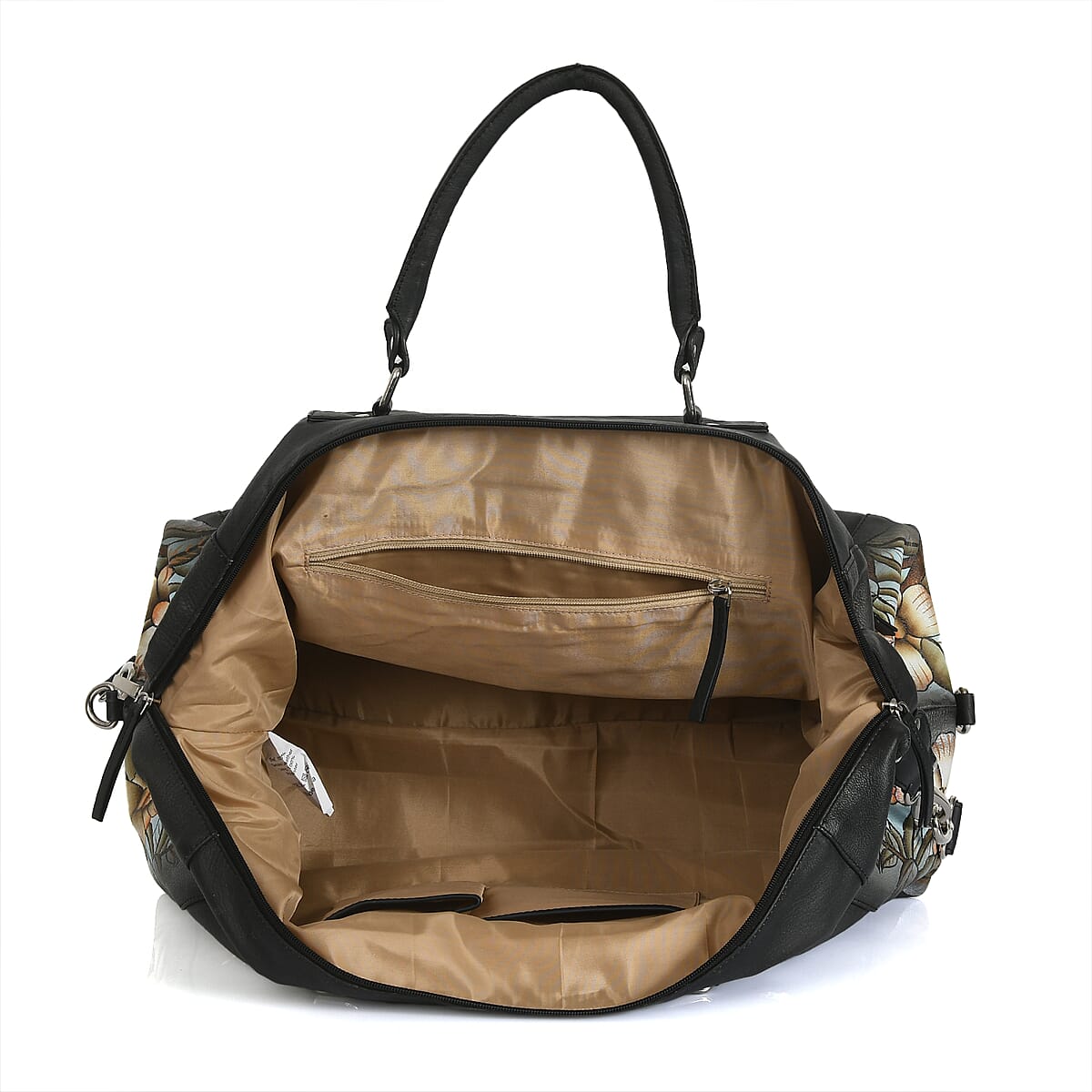 Sukriti Black & Green Butterfly and Floral Hand Painted Genuine Leather Duffle Bag  image number 3