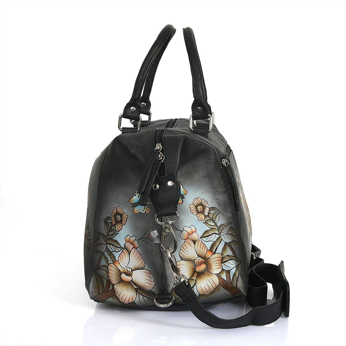 Sukriti Black & Green Butterfly and Floral Hand Painted Genuine Leather Duffle Bag  image number 4